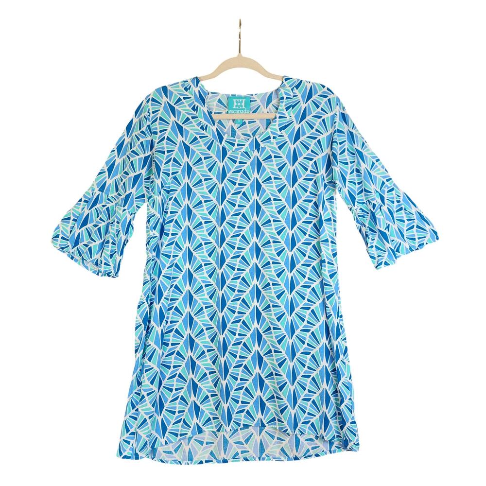 Escapada Womens‎ Tunic Top Size Small Blue White Mosaic Print Ruffle Bell Sleeve